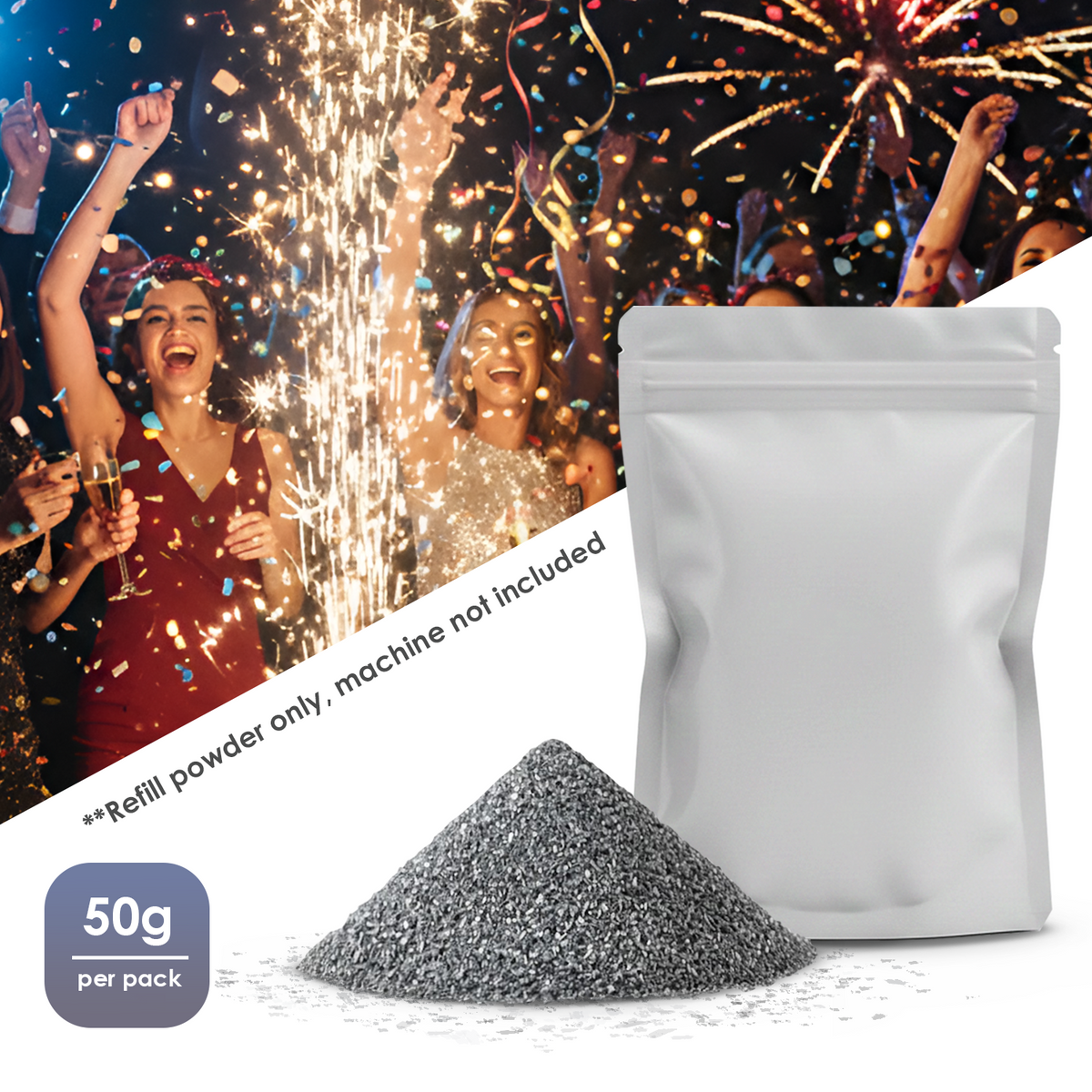 Cold spark refill powder, 50g per sealed pack. Powder only; machine not included.