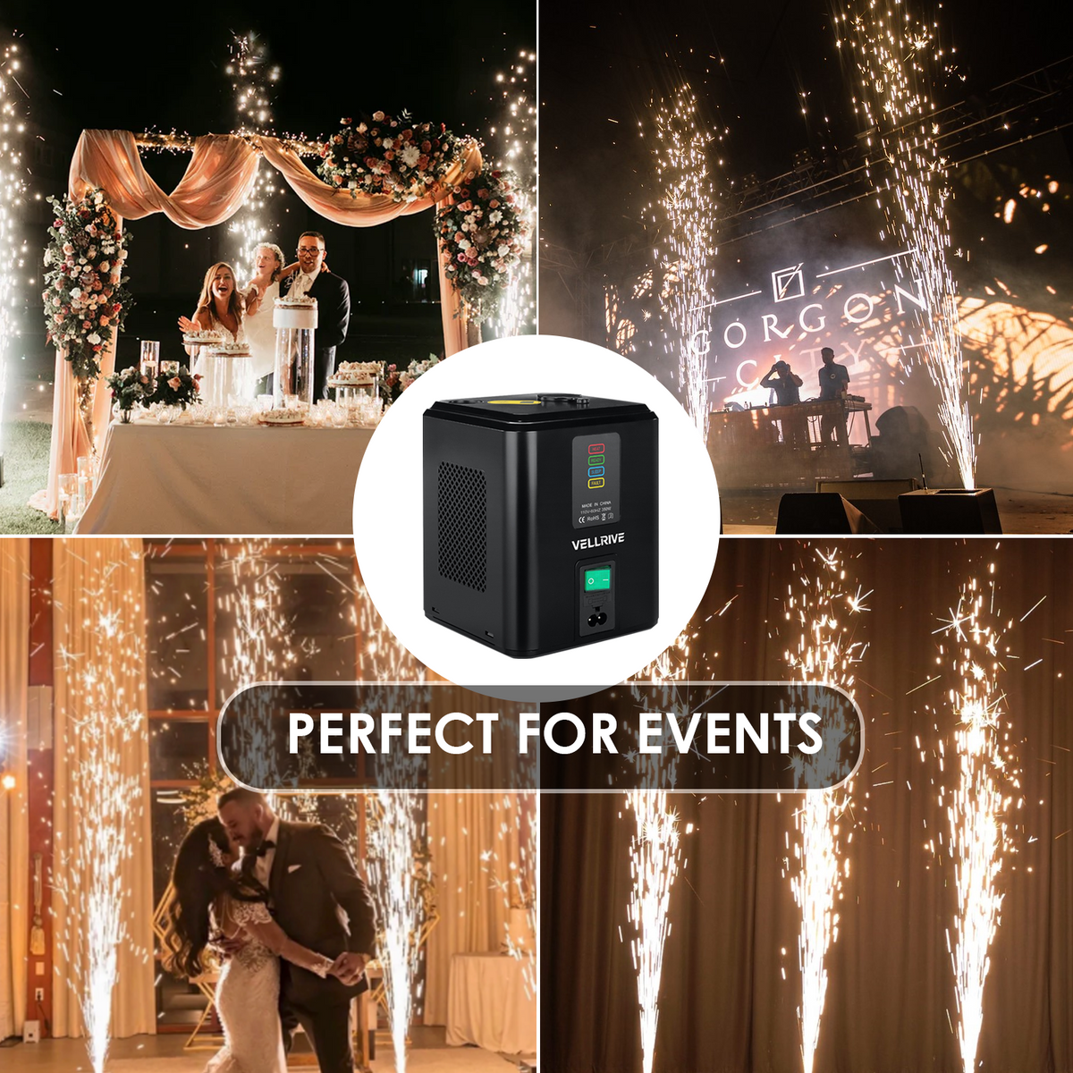 Cold spark machine application at weddings and events. Powder refill only; machine not included.
